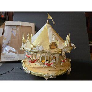 Illuminated Animated Trendmasters Winter Park Carousel With Horses & Bows